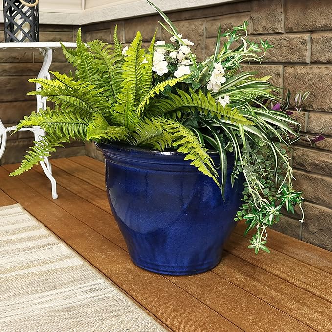 Sunnydaze Large Ceramic Plant Pot - Round Outdoor Glazed Ceramic Planter Pot with Drainage - Studio - Imperial Blue - 18.5"