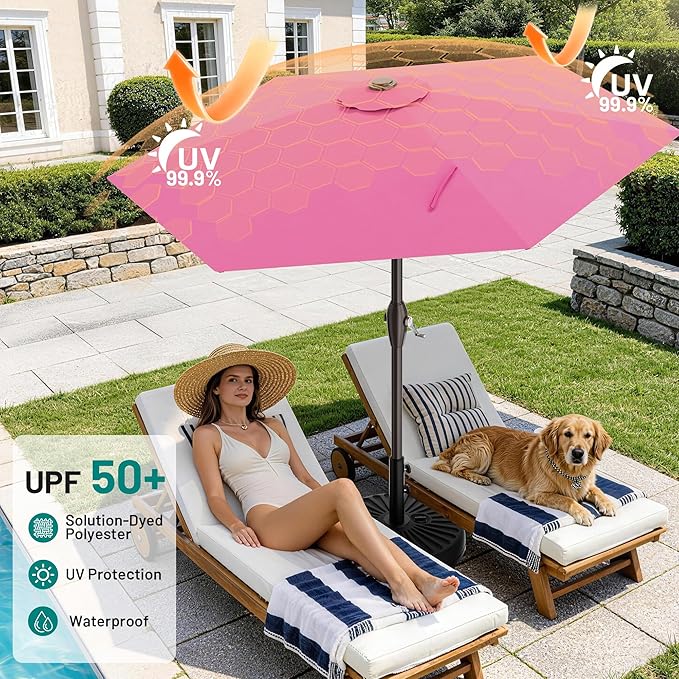 AreShark 7.5FT Patio Umbrella Table Market Umbrella with 6 Sturdy Ribs, Button Tilt/Crank, Heavy-Duty Outdoor Umbrellas for Pool, Deck, Garden and Backyard, Rose Pink