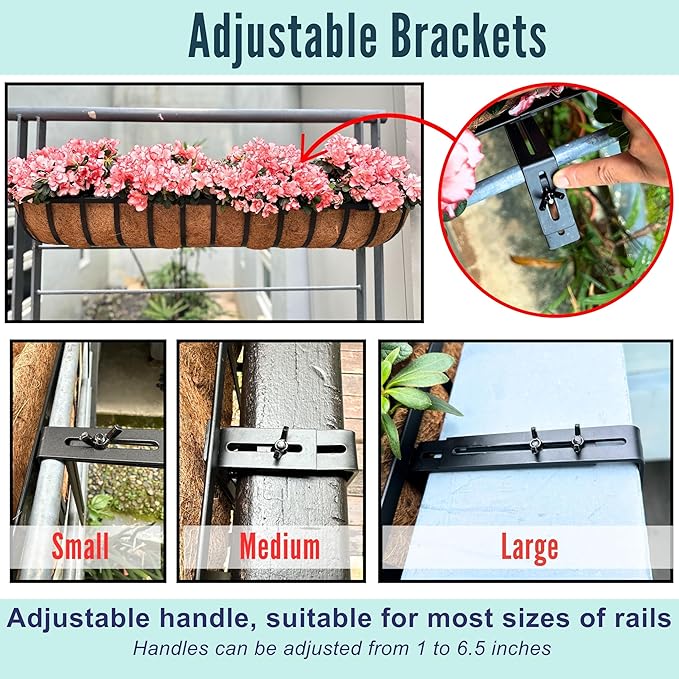 LaLaGreen Railing Planter Box (24 Inch, 2 Pack) Black Metal Rectangular Hanging Planters with Coco Liner, Flower Boxes Brackets for Deck Railings Outdoor Plants Over Rail Fence Balcony Patio Porch