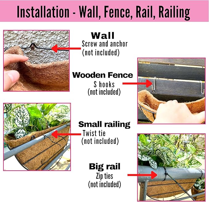 LaLaGreen 16 Inch Wall Mounted Flower Baskets, 4 Pack, Large Railing Planter Deck Rail Hanging Plant Pots Holders with Coco Liner Outdoor, Metal Herb Fence Porch Balcony Garden Patio Window Box Trough
