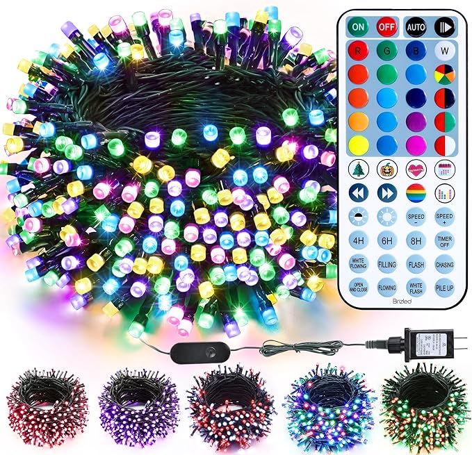 Brizled Christmas String Lights, 33ft 100 LED Color Changing Christmas Lights with Remote, RGB Christmas Tree Light Dimmable Music Plugin Mini Xmas Light Outdoor for Xmas Party Home
