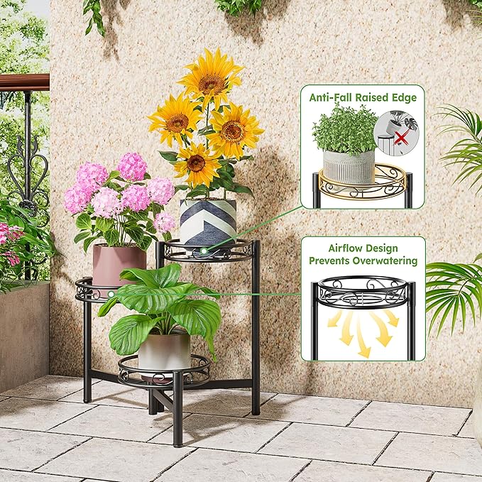 3-Tier Plant Stand Outdoor,Metal Plant Stand for Multiple Plants, Folding Tall Plant Rack Display Shelf for Corner Living Room Porch Patio Garden Office - BalckCircle