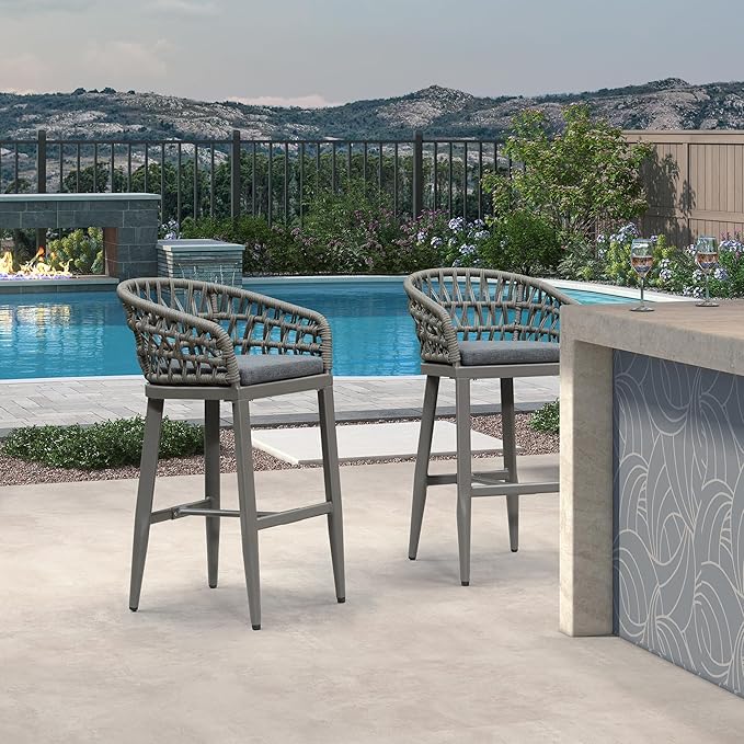 PURPLE LEAF Outdoor Rattan 29" Bar Stools Set of 2, Modern Boho Aluminum Patio Bar Height Chair with Cushion and Back for Garden Outdoor and Indoor, Smoke Grey
