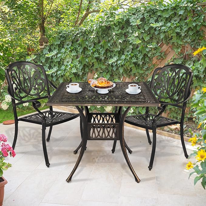 VINGLI Patio Dining Table with Umbrella Hole, Cast Aluminum Outdoor Bistro Furniture for Garden (35.4" Lx35.4 Wx29.5 H)
