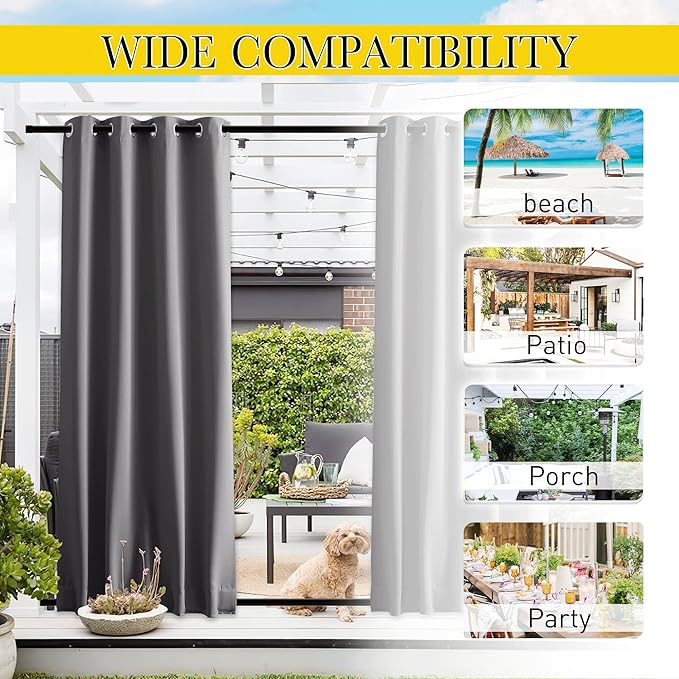 NICETOWN 2 Panels Outdoor Curtains Waterproof Grommet & Back Tab on Top & Bottom, Thermal Insulated Fixed Windproof Blackout Outdoor Drapes Privacy for Patio with Rope for Fixed, W46 x L90, Grey