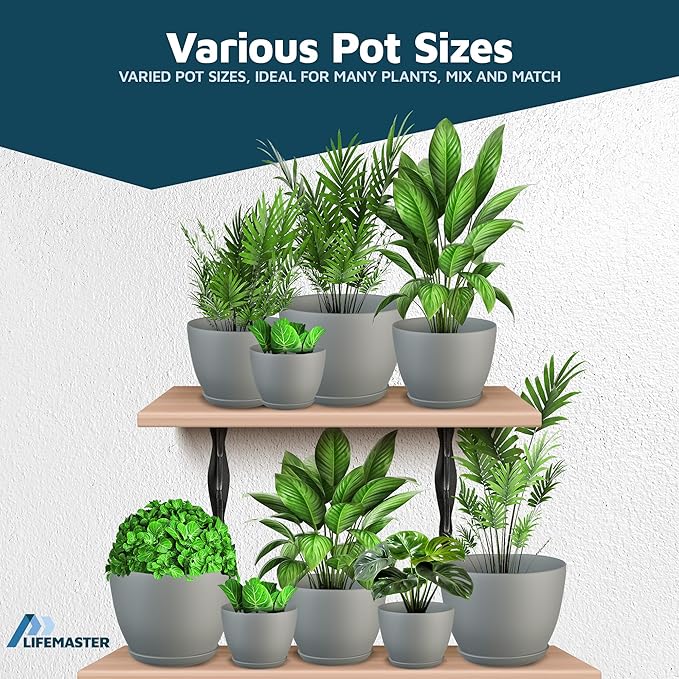 Planter Pots with Drainage Holes - Lightweight, Durable & Space-Saving Pots for Indoor and Outdoor - Versatile Functionality, Simple Modern Design, Set of 10 Plastic Planter Pots - Gray
