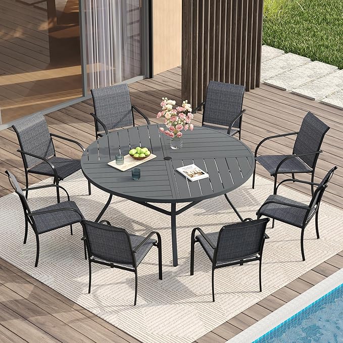 VICLLAX Round Patio Table with Adjustable Umbrella Hole for 8, All Weather Metal Outdoor Dining Table for Lawn Garden, 53.1" Outdoor Coffee Table, Grey Tabletop