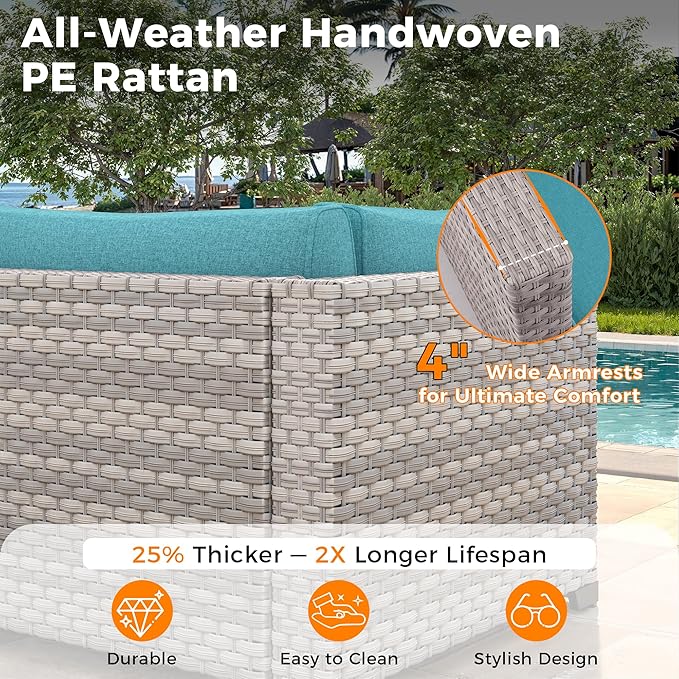 8-Seat Modern Patio Furniture Set with Swivel Rocking Chairs, Thick 4″ Cushions, Dual-Strand Wicker Rattan, Rust-Resistant Steel Frame – Outdoor Conversation & Modular Sectional,Blue