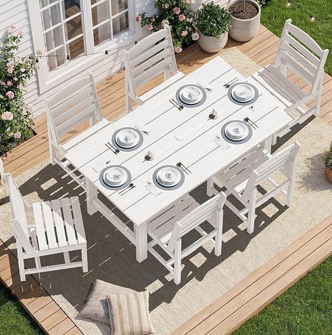 SERWALL Patio Dining Sets for 6 Person, HDPE Dining Set with 6 Armless Chairs, White