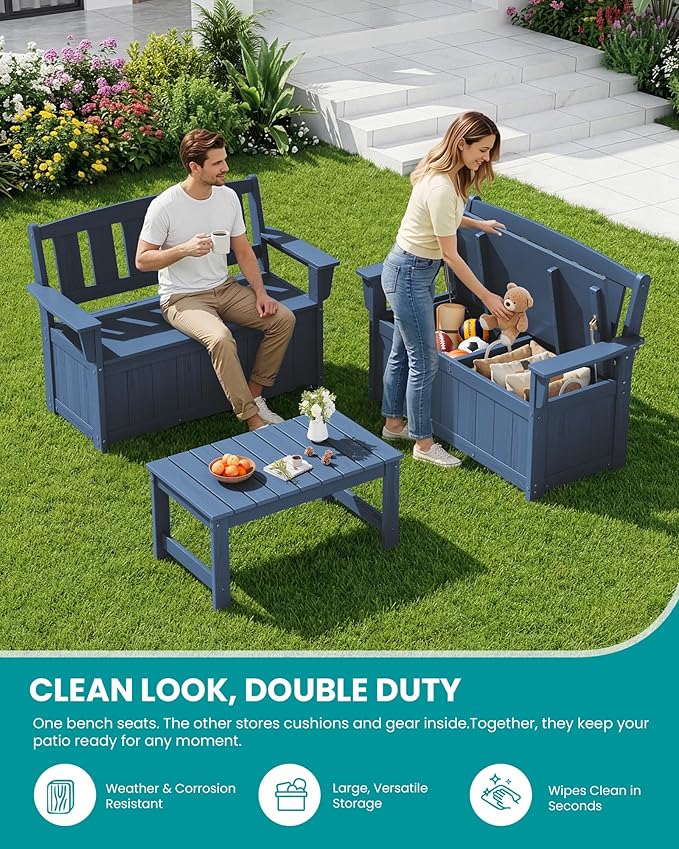 SERWALL HDPE Outdoor Storage Bench, All-Weather, UV-Resistant Deck Box with Waterproof Storage Bags, 57 Gallon Dual-Use Seat & Organizer Deck Boxes for Patio, Garden Tools & Pool (Navy Blue)