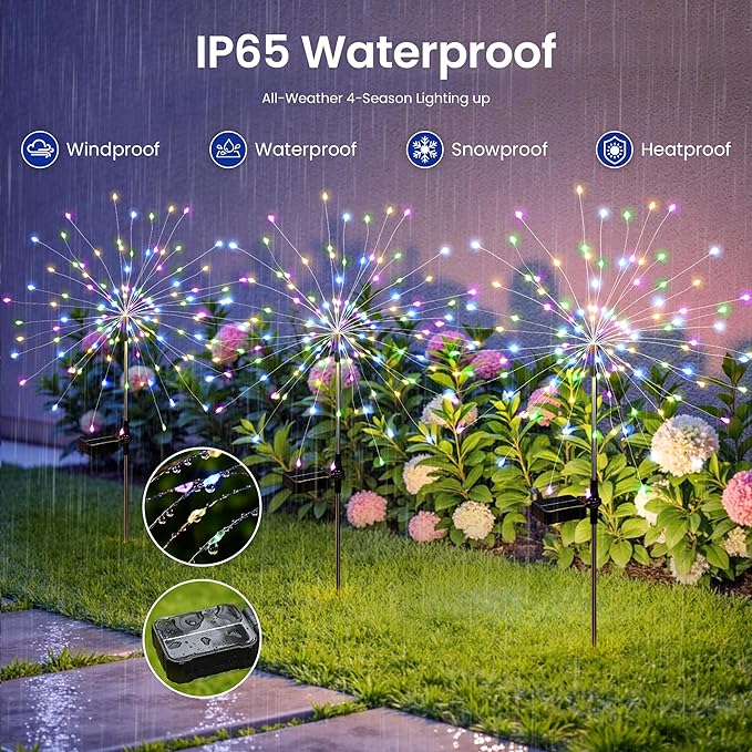 Solar Lights Outdoor, 120LED 4pack Fairy Garden Lights Decor for Outside Fireworks Lights Solar Powered for Yard, Patio, Pathway, Walkway, Balcony,Multicolor