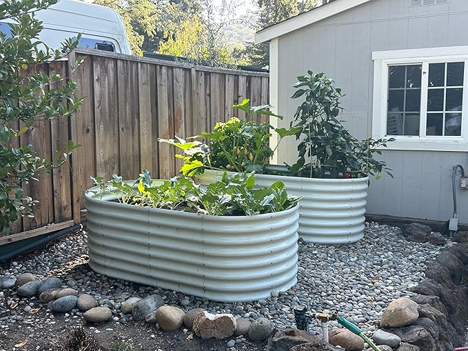 A ANLEOLIFE Set of 6 24 Inch Tall Antique White Raised Garden Beds Kit, Oval & Round Metal Planters – Ideal for Backyard Vegetables Flowers Herbs