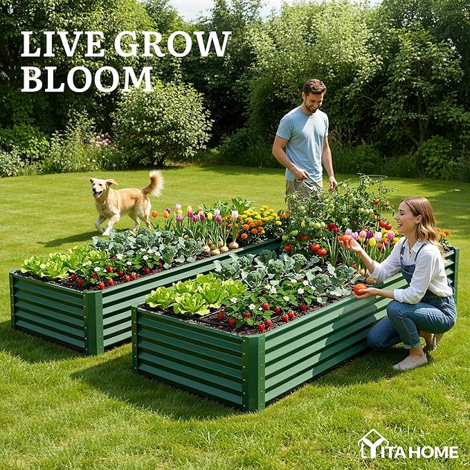 YITAHOME 6x3x1.5 ft Galvanized Raised Garden Bed Kit, Large Metal Planter Box with Gloves & Support Rod, Outdoor Flower Bed for Plants Vegetables, Green