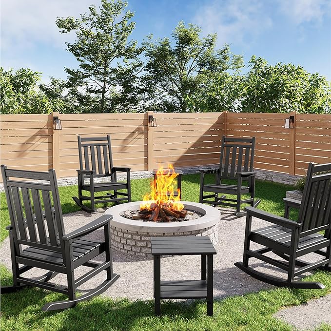 GarveeLife Poly Lumber Rocking Chair Outdoor Set of 4 with 2 Side Table - HDPE High Back Porch Rocker Chairs for Adults - All Weather Resistant Furniture for Patio - Black
