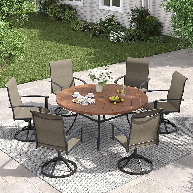 VICLLAX 50" Outdoor Round Patio Table with Umbrella Hole, All Weather Metal Round Outdoor Dining Table for Lawn Garden, 6-8 Person Table, Walnut Wood Grain
