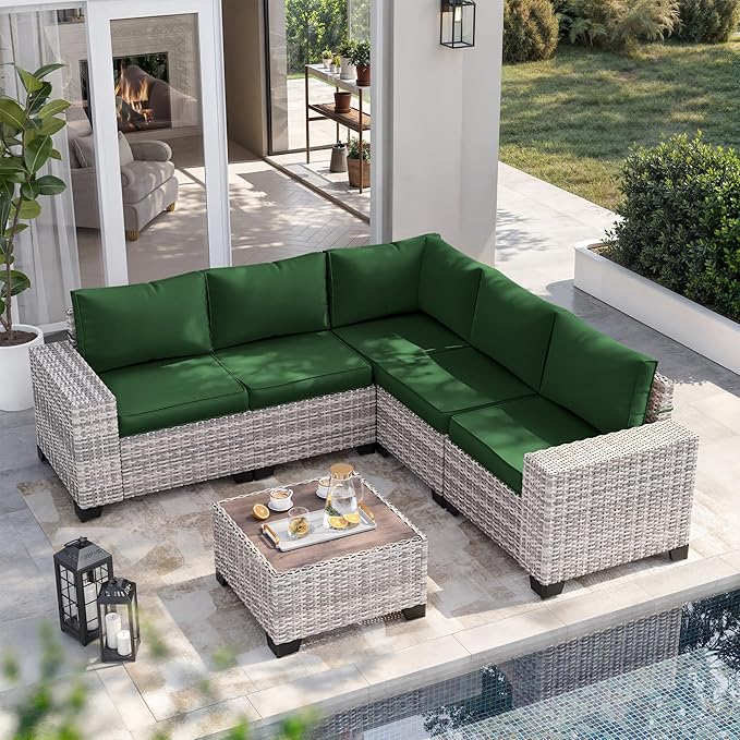 6-Piece Outdoor Patio Furniture Set Wicker Sectional Sofa Set, Patio Conversation Set with Thickened Cushions & Coffee Table for Garden, Backyard, Poolside, Green