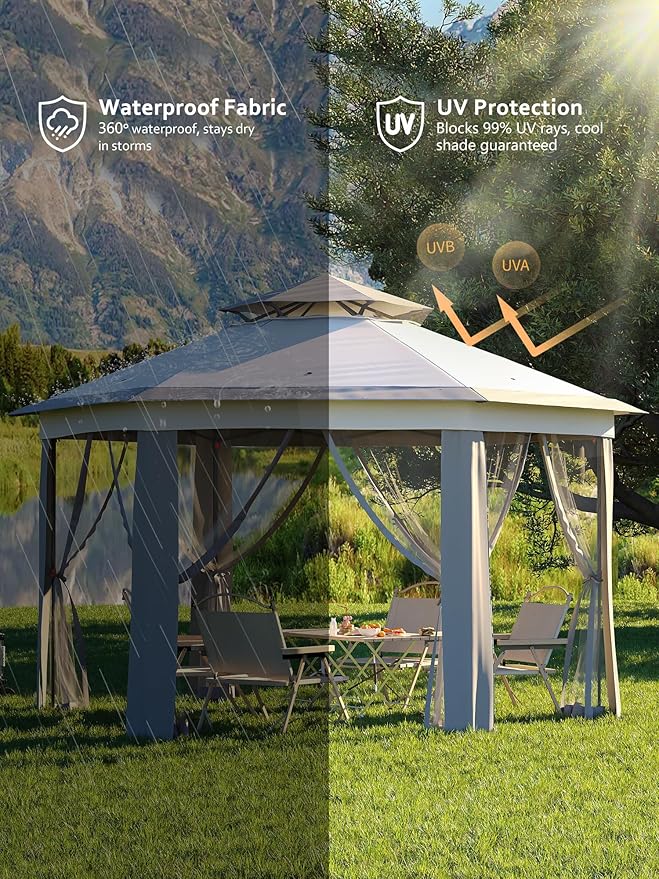 Garvee Pop Up Gazebo Screen Tent,Hexagonal Instant Gazebo Tent with Mosquito Netting Outdoor Canopy,6 Sided Sun Shelter 13x13ft with Mesh Netting,Pavilion Tents for Patio,Light Gray+Dark Gray