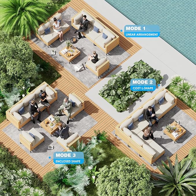 ABCASA Patio Furniture Set, 110" Large 7-Piece Wicker Outdoor Patio Furniture Sets with Anti-Slip Cushions & Coffee Table,Boho Patio Conversation Set Sectional Sofa for Backyard,Porch,Beige