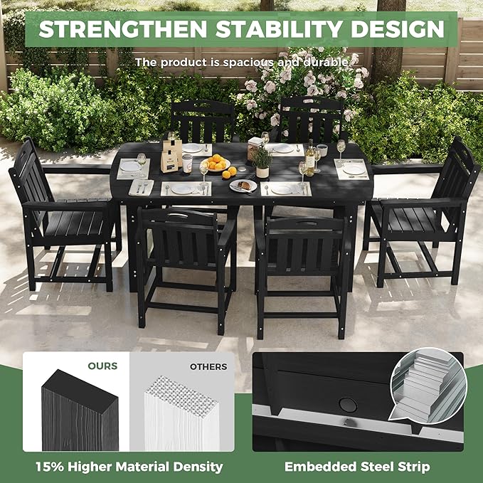 HDPE Outdoor Dining Set, Patio Table and Chairs Set, All-Weather 7-Piece Outside Table and 6 Chairs, 2" Umbrella Hole, Outdoor Furniture for Garden, Poolside, Backyard, Deck | Black