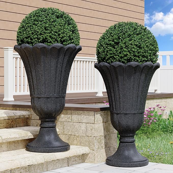 23" Tall Planters for Outdoor Plants Set of 2, Planter with Drainage Holes and Petal Design, Large Outdoor Planters for Porch, Garden, Indoor, Black