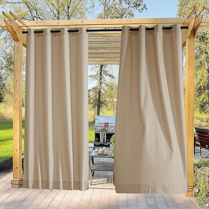 NICETOWN Canvas Outdoor Curtains for Paito 2 Panels, Taupe, W52 x L84 per Panel - Waterproof & Windproof Sun Shades with Grommet & Back Tab & Rod Pocket, Free Rope Included for Bottom Fixing