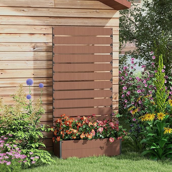 Outsunny Raised Garden Bed with Trellis for Climbing Plants, Planter Box with Self Draining Gap, Freestanding Trellis Planter for Outdoor, Patio, Deck, 35.75" x 15" x 70.75", Light Brown