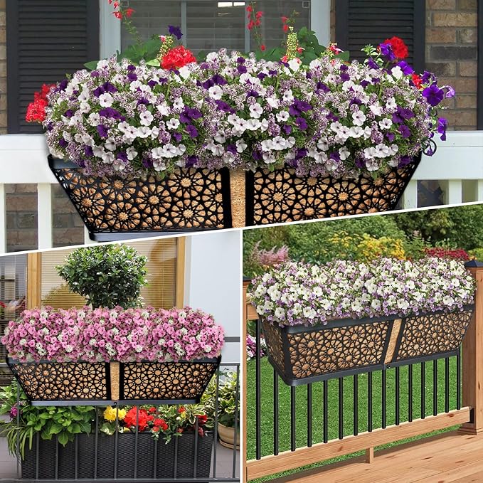 ZeeDix Railing Planter Boxes, 24 Inch Window Flower Box Planters with Coco Liner & Adjustable Brackets for Deck Porch Fence Patio Balcony Gardening Outdoor Plants (2 Pack)