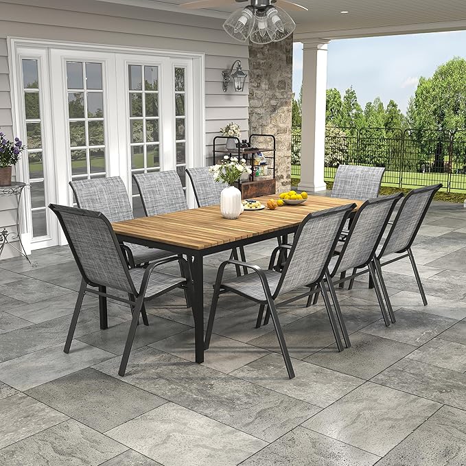 Patio Chairs Set of 8, Stackable Outdoor Dining Chairs for All Weather Textilene Fabric & Metal Frame, Outdoor Chairs Set for Backyard Deck Garden (Grey, Set of 8)