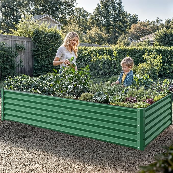 YITAHOME 2pcs 8x4x1.5 in Galvanized Raised Garden Bed Kit, Large Metal Planter Box with Gloves, Safety Rubber & Support Rod, Outdoor Flower Bed for Plants Vegetables, Green