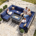 NICESOUL Extra Large 9 Pcs Outdoor Patio Furniture Set with Fireplace Natural Gas/Propane, 29.3'' High Back Modular Sectional Sofas, Modern Conversations for Outside, 2 Color Cushion Royal Blue &Grey