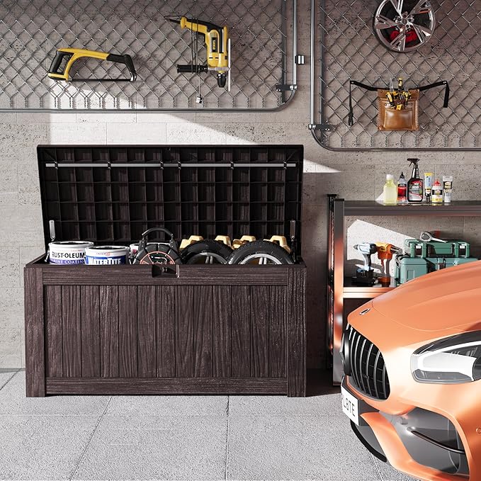 Greesum Outdoor Storage Box 120 Gallon Storage Bin with Lid for Patio Furniture, Garden Tools, Pool Supplies, Lockable, Waterproof and UV Resistant, Dark Brown