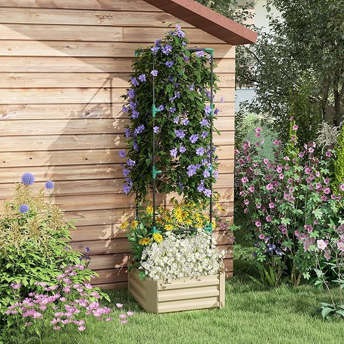 Outsunny Galvanized Raised Garden Bed, 73.5" Tall Outdoor Planter Box with Trellis Tomato Cage and Open Bottom for Climbing Vines, Vegetables, Flowers in Backyard, Garden, Patio, Cream