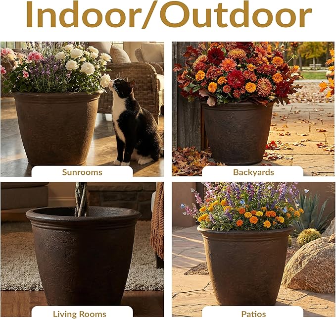 Sunnydaze 20-Inch Anjelica Large Plastic Pot for Plants - Outdoor Double-Walled Large Plastic Planter with Drillable Drainage Holes - Sable
