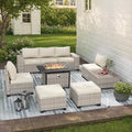 9-Piece Outdoor Patio Furniture Set with 55,000 BTU Fire Pit Table, PE Wicker Rattan Sectional Sofa Patio Conversation Set with Ottomans & Coffee Table, White