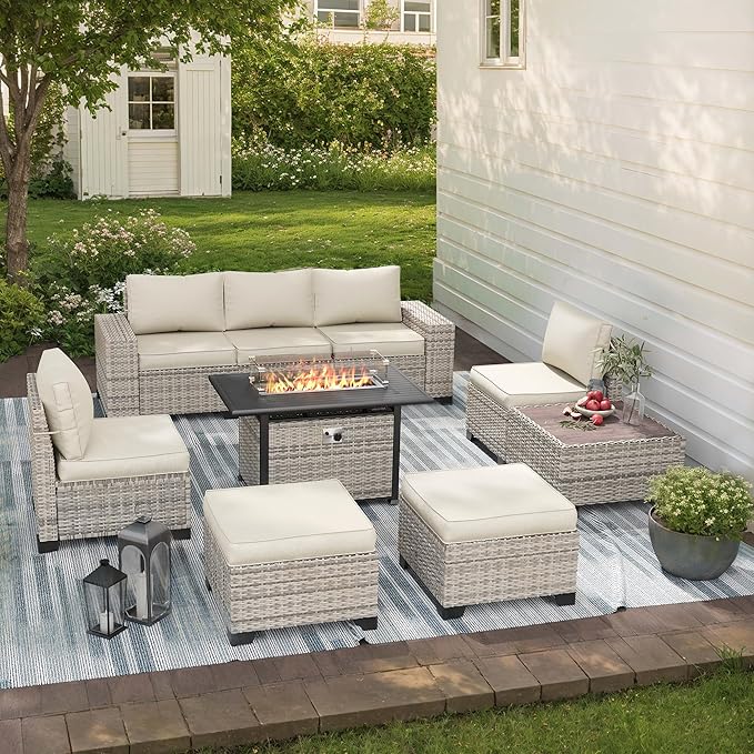 9-Piece Outdoor Patio Furniture Set with 55,000 BTU Fire Pit Table, PE Wicker Rattan Sectional Sofa Patio Conversation Set with Ottomans & Coffee Table, White