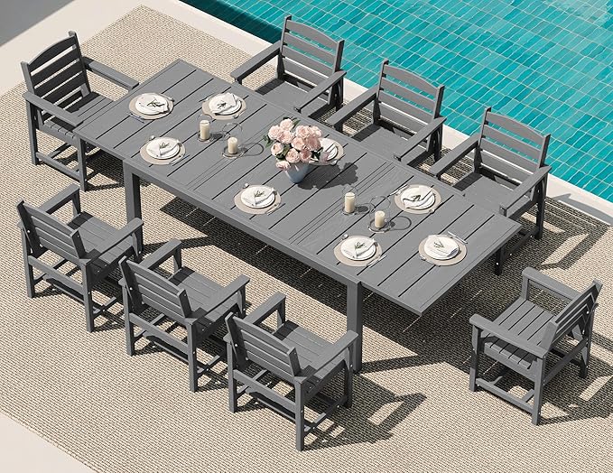 SERWALL 9-Piece Outdoor Dining Set, 60" - 83" Expandable Outdoor Dining Table and 8 HDPE Chairs, All Weather HDPE Outdoor Furniture Set for Backyard, Garden, Grey