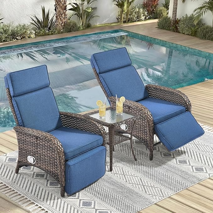 3 Pieces Zero Gravity Wicker Patio Recliner Chairs Set of 2 - Wicker Outdoor Lounge Chair with Side Table, Adjustable Backrest & Footrest, High Back Outdoor Recliner Chair for Pool Deck Blue