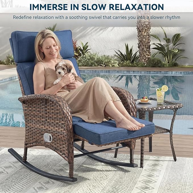 3 Pieces Zero Gravity Wicker Patio Rocking Recliner Chairs Set of 2 - Wicker Outdoor Lounge Chair with Side Table, Adjustable Backrest & Footrest, High Back Outdoor Recliner Chair for Pool Deck Blue