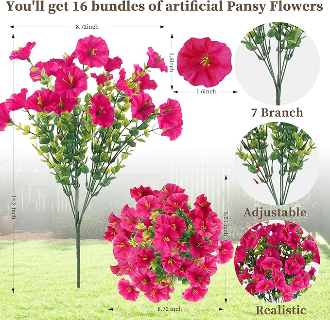 16PCS Artificial Fake Flowers for Outdoors/Indoors, Faux Silk Colorful Morning Glory with Eucalyptus, UV Resistant Realistic Floral Arrangement for Garden Porch Window Box Home Balcony Yard (8 Colors)
