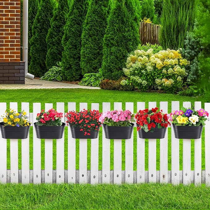MADHOLLY Railing Planter with Drainage Holes - 6Pcs Sturdy Bucket Pots for Railing Fence, Countryside Style Metal Flower Pots for Herbs Balcony Garden Yard Decor, Black