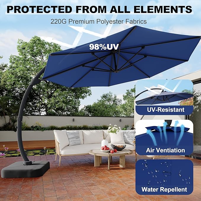 GarveeLife 11FT Cantilever Patio Umbrella With Base Included, Cantilevers Outdoor Umbrella Heavy Duty Offset, Aluminium Curved Cantilever Umbrella