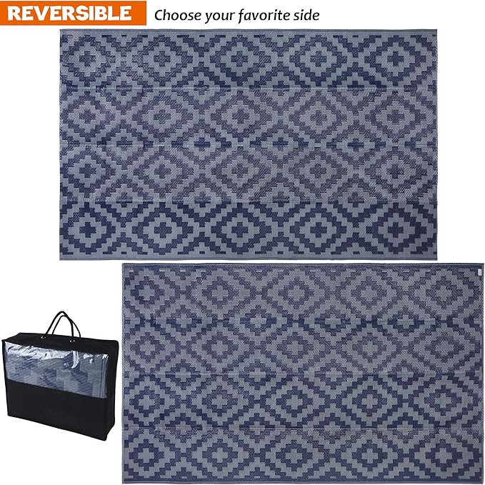SAND MINE Reversible Mats, Plastic Straw Rug, Modern Area Rug, Large Floor Mat and Rug for Outdoors, RV, Patio, Backyard, Deck, Picnic, Beach, Trailer, Camping (5' x 8', Blue Grey Lattice)