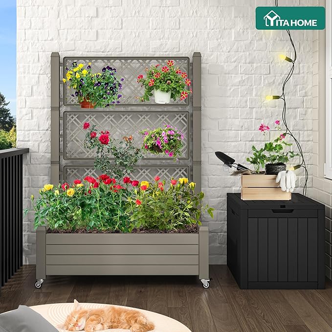 YITAHOME 43.3x17.7x61 in Planter Trellis Box with Wheels & Drain Plug, Outdoor Resin Raised Garden Bed for Climbing Plants, Large Weather-Resistant Design, Light Brown