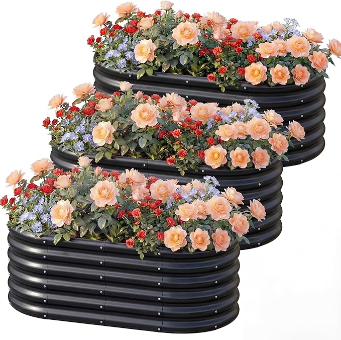 AHEONLAR 3 Pack 4×2×1.5ft Galvanized Raised Garden Beds Outdoor, Sturdy Planter Boxes for Vegetables, Fruits, Flowers and Plants, Easy Assembly, Black