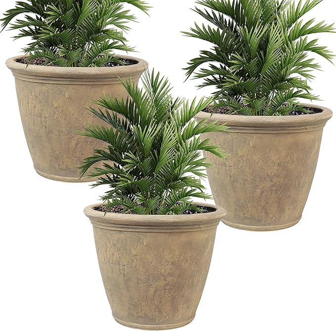 Sunnydaze 24-Inch Anjelica Large Plastic Pot for Plants - Outdoor Double-Walled Large Plastic Planter with Drillable Drainage Holes - Beige - 3pk