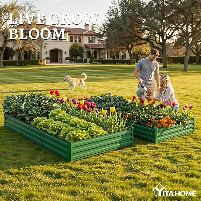 YITAHOME 8x4x1ft 2pcs Large Raised Garden Bed Kit, Galvanized Metal Planter Box with Gloves, Ground Nails & Safety Rubber, Outdoor Above Ground Planters for Plants Vegetables Flowers, Green