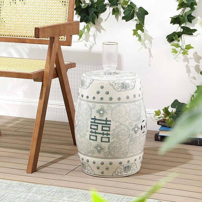JONATHAN Y TBL1013C Double Happiness 18" Chinoiserie Ceramic Drum Indoor/Outdoor Garden Stool Bohemian, Coastal, Classic, Cottage, Traditional, Patio, Garden, Bathroom, Living Room, Gray Blue/White