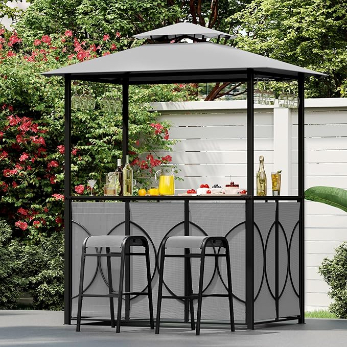 Tangkula 3-Piece Patio Bar Set, Grill Gazebo & 2 Bar Stools with Tempered Glass Bar Table, Metal Storage Shelves, Glass Holders, Double-Tier Soft Top Canopy BBQ Gazebo Shelter for Patio Garden (Grey)