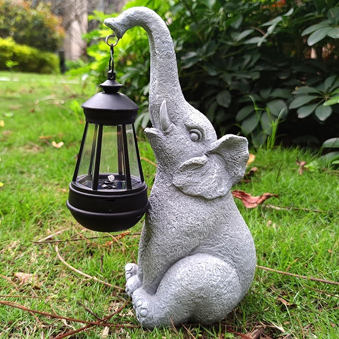 Elephant Solar Garden Statues,Resin Elephant Figurine Decorations with Solar Lights Lantern, Outdoor Figurines Lawn Garden Statue Decor Art for Lawn,Yard, Balcony Ornament.