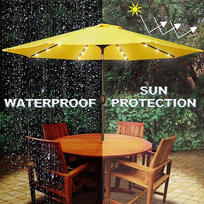 Blissun 9 ft Solar Umbrella, 32 LED Lighted Patio Umbrella, Table Market Umbrella, Outdoor Umbrella for Garden, Deck, Backyard, Pool and Beach (Yellow)